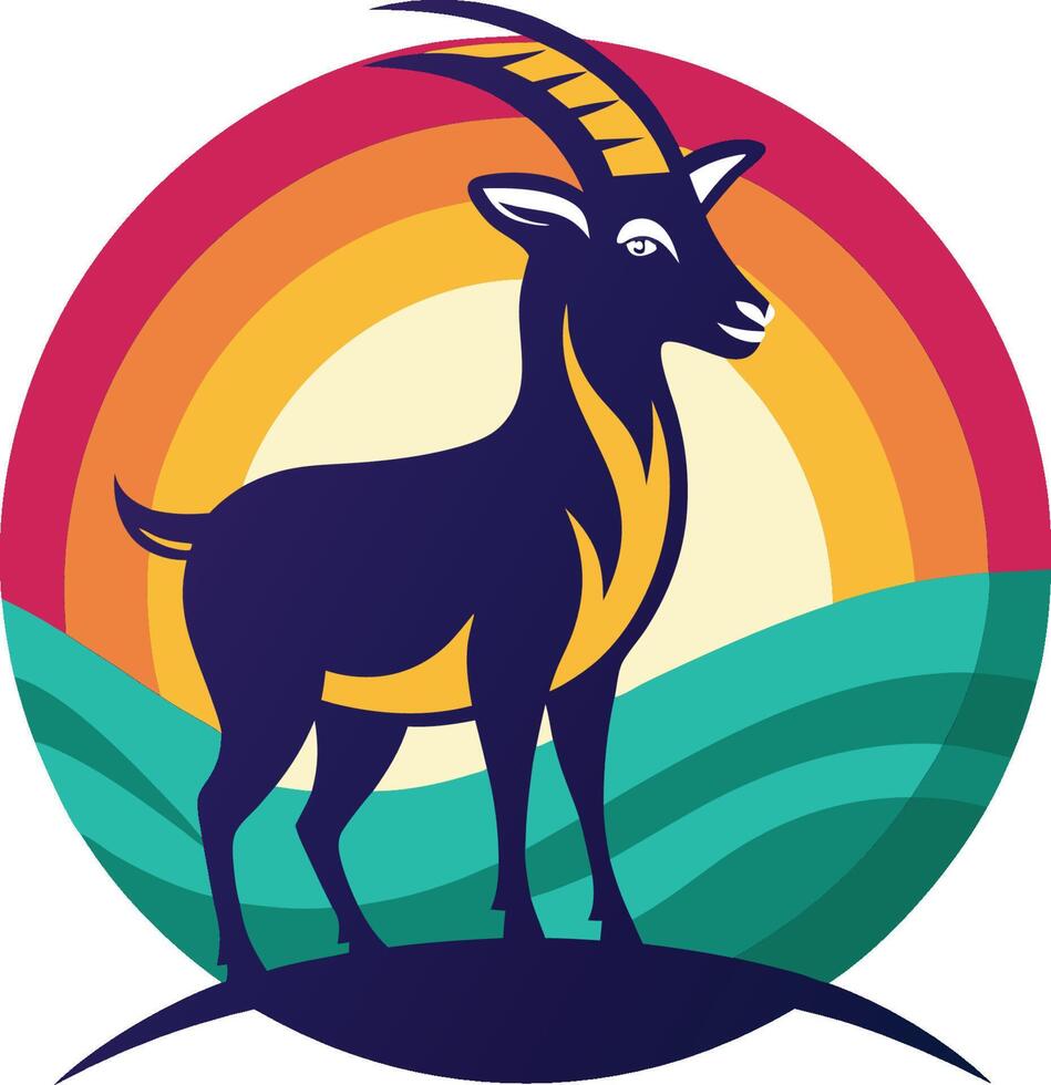 Stylized mountain goat logo, vibrant colors, circular design, rainbow background, minimalist landscape, retro aesthetic, flat illustration, geometric shapes, bold outlines vector