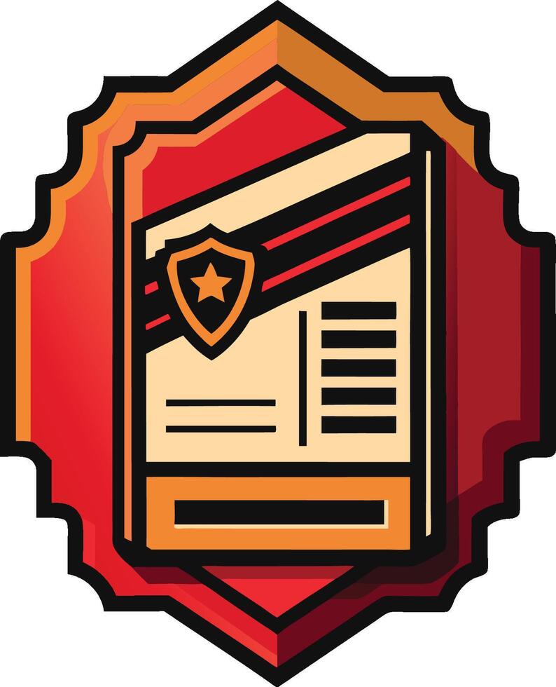 Badge design, document icon, shield emblem, geometric shapes, red and orange color scheme, retro style, bold outlines vector
