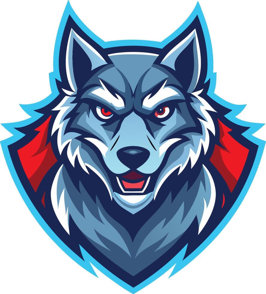 Wolf mascot, fierce expression, red eyes, stylized illustration, esports logo, blue and red color scheme, sharp angular design vector