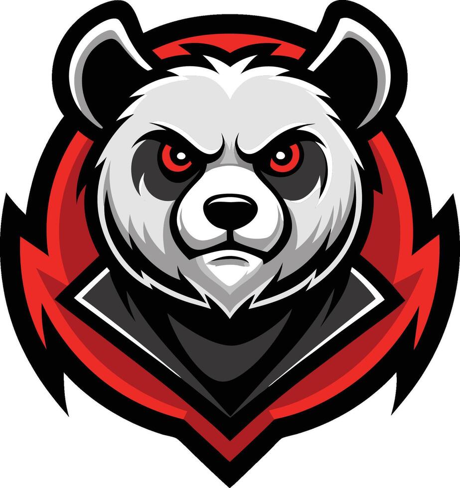 Fierce panda mascot, esports logo, aggressive expression, red eyes, stylized art, black and white fur, red accents, sharp geometric shapes, bold contrasting colors vector