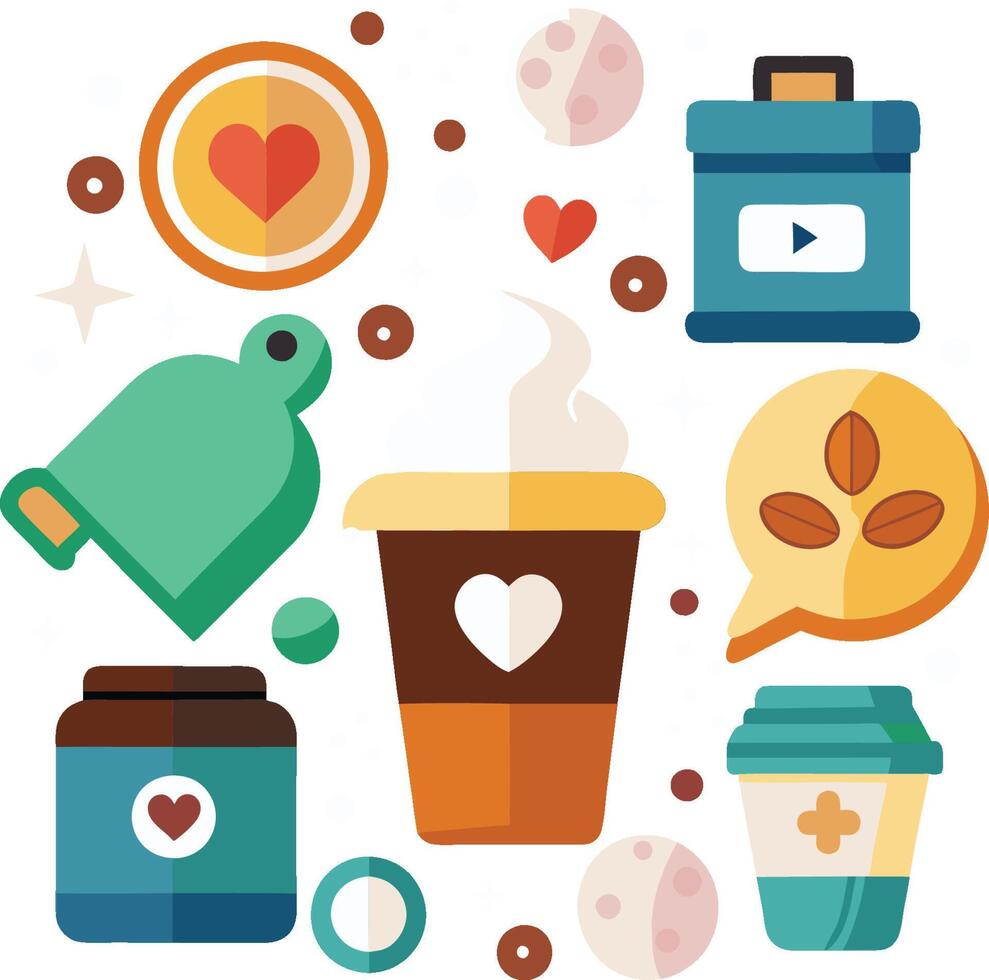 Coffee theme, flat design icons, coffee cup with heart, coffee beans, to-go cups, love symbols, coffee jar, bell icon vector