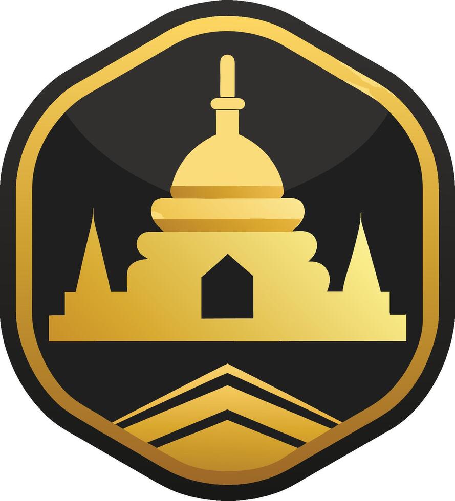 gold mosque icon, geometric badge design, Islamic architecture silhouette, black and gold color scheme, minimalist logo, golden dome, minarets, hexagonal shape vector