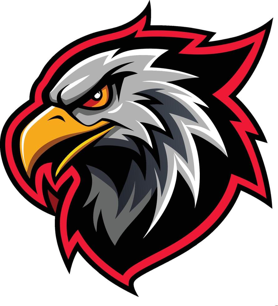 Eagle mascot, fierce expression, sharp beak, red and black color scheme, stylized graphic design, sports team logo, aggressive look vector