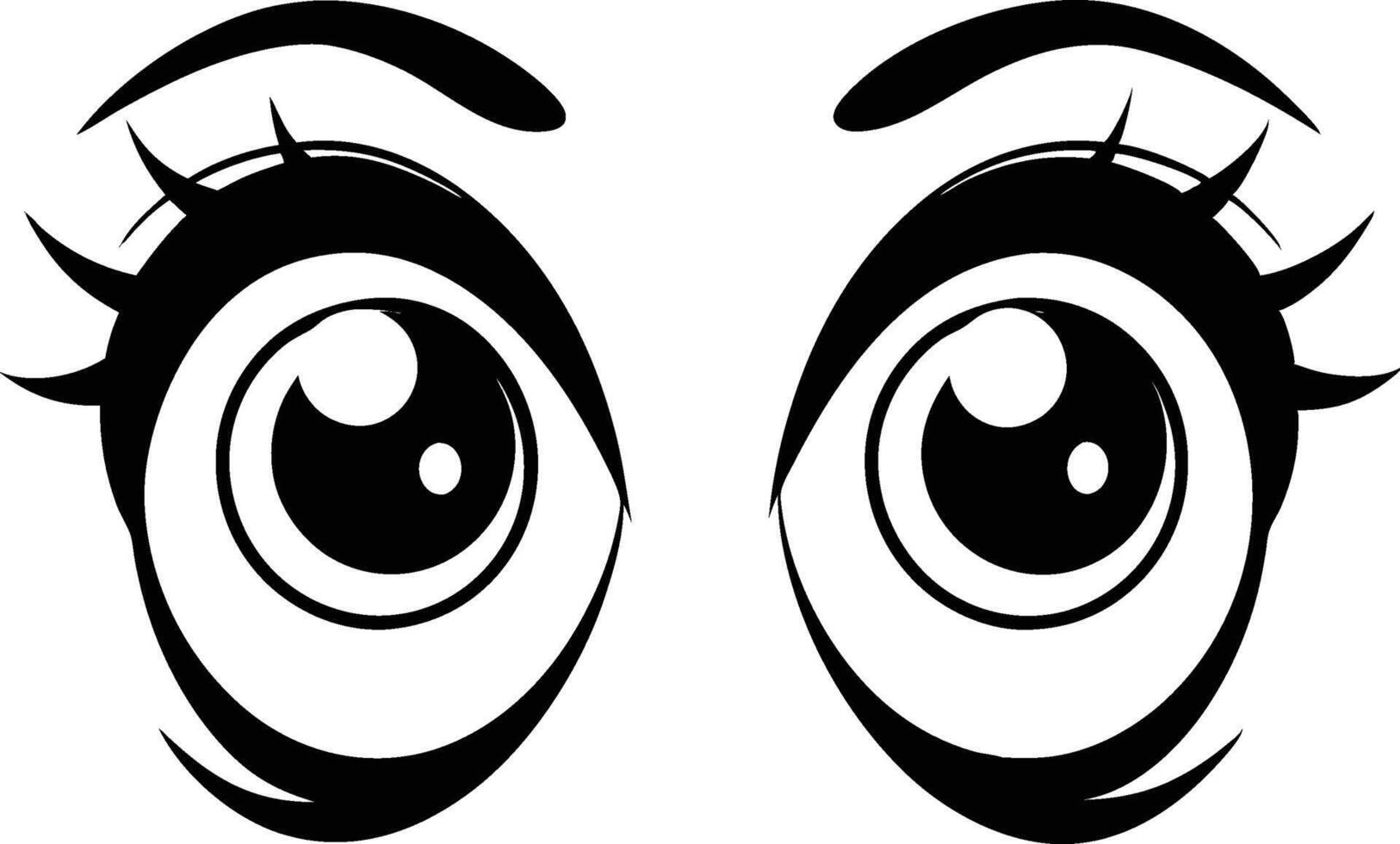 Cartoon eyes, large expressive eyes, black and white illustration, stylized eyelashes, wide-eyed look, anime-inspired, art vector