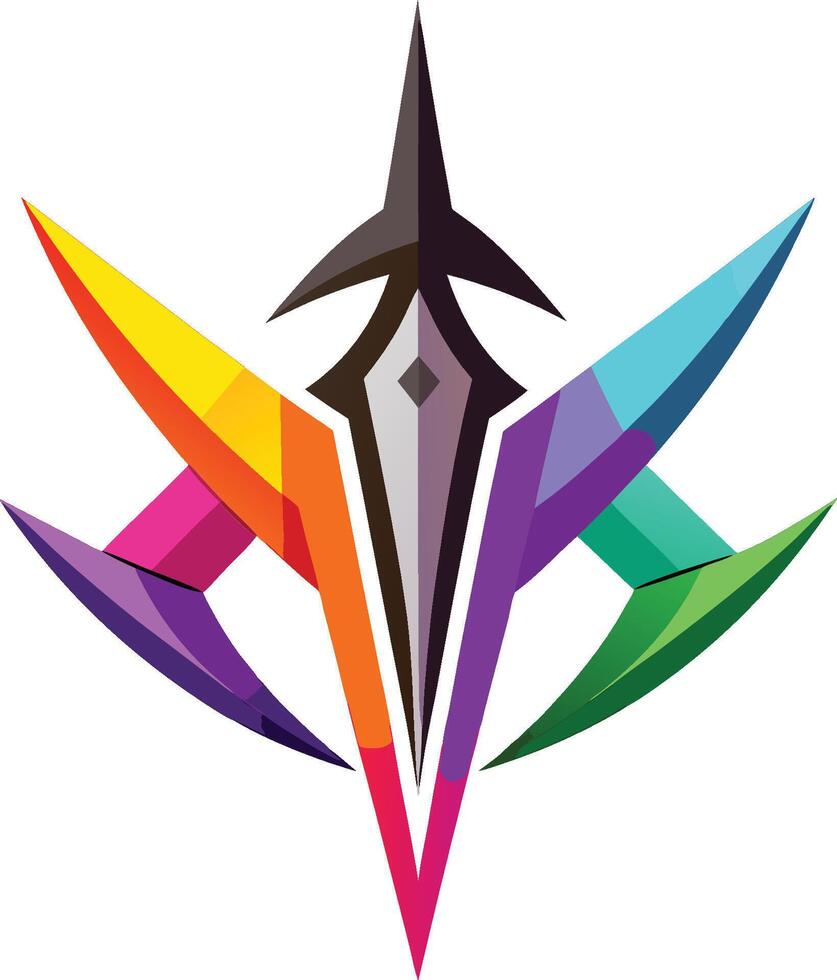 Geometric logo design, fountain pen nib, colorful abstract wings, symmetrical composition, vibrant rainbow colors, sharp angular shapes vector