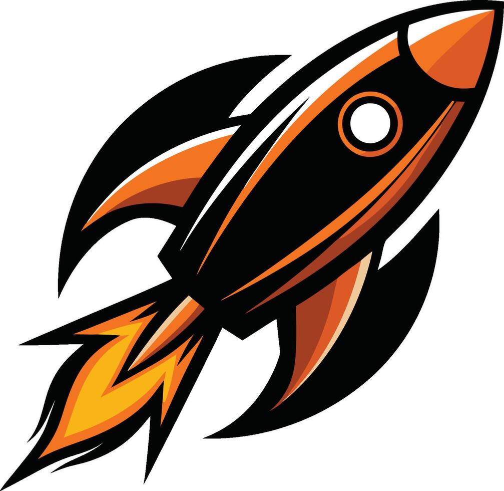 Stylized rocket logo, sleek orange and black design, retro space illustration, art, dynamic flame trails vector