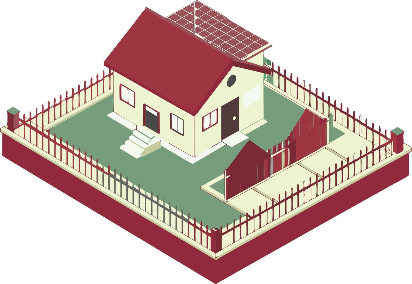 Isometric house illustration, red roof, cream walls, green lawn, wooden fence, solar panel, gate, detailed 3D rendering, architectural design vector