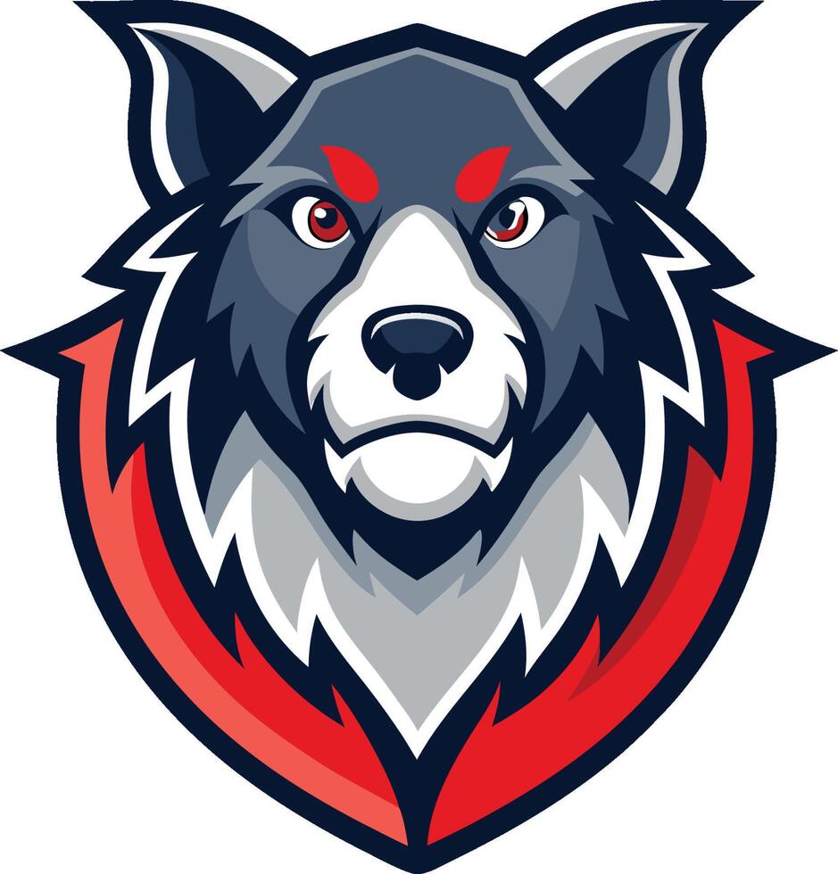 Wolf logo, fierce expression, red eyes, stylized graphic design, sports team mascot, navy blue and red color scheme, sharp angular shapes vector
