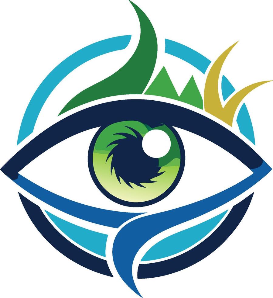 Logo design, stylized eye, nature-inspired, abstract, green and blue color scheme, mountain peaks, leaf shapes vector