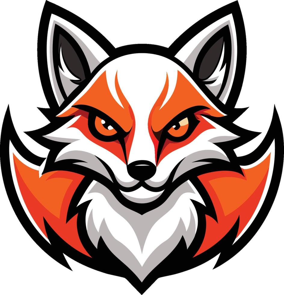 Fox logo, stylized, fierce expression, orange and white fur, sharp ears, bold black outlines, geometric shapes vector