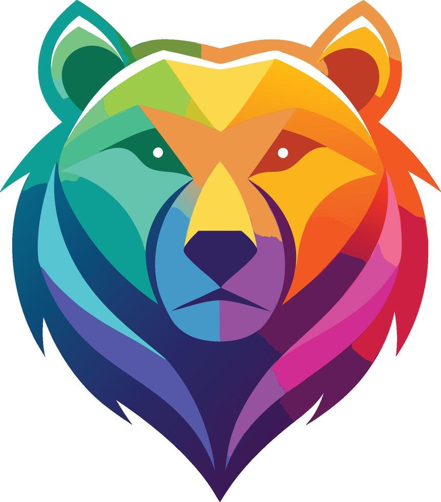 Geometric bear head, colorful abstract design, rainbow gradient, minimalist animal logo, vibrant spectrum colors, symmetrical composition, modern graphic art vector