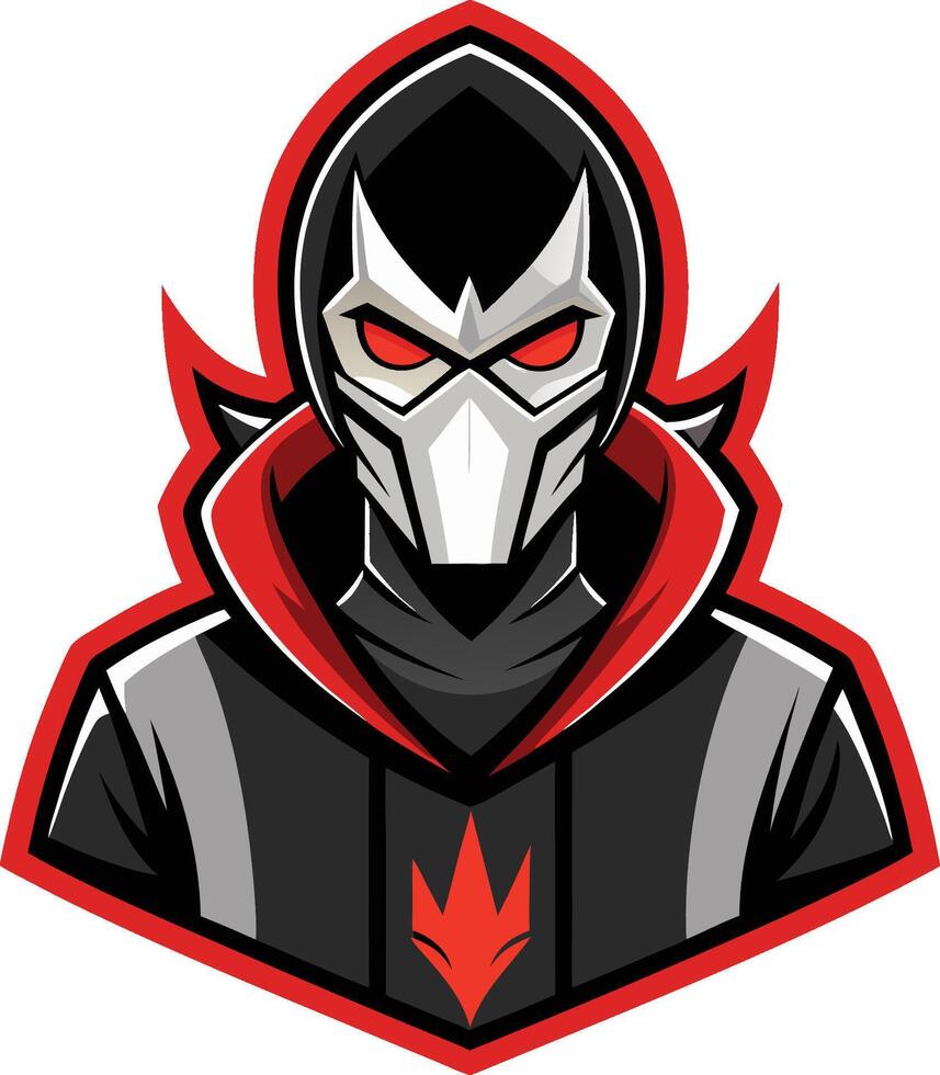 Masked villain logo, esports mascot, red and black color scheme, angular geometric design, cyberpunk aesthetic, futuristic warrior, menacing glowing eyes vector