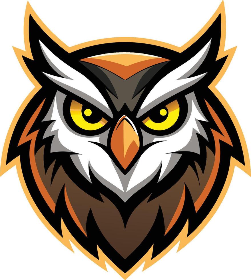 Stylized owl logo, fierce yellow eyes, sharp geometric shapes, bold black and white feathers, orange accents, brown plumage, angular design, striking mascot vector