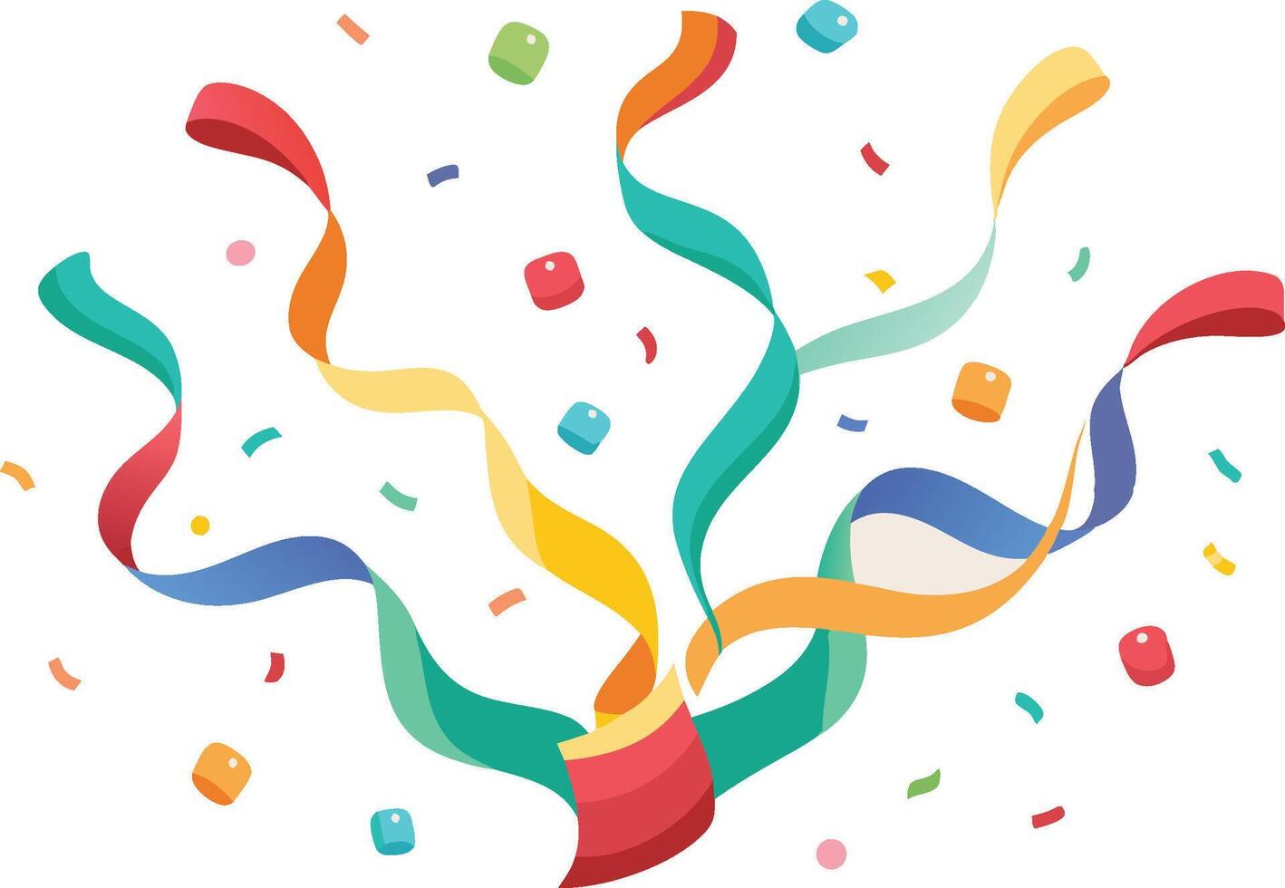 Colorful party streamers, confetti explosion, vibrant ribbons, festive celebration, abstract shapes, joyful design, dynamic motion, swirling patterns, cheerful color palette vector
