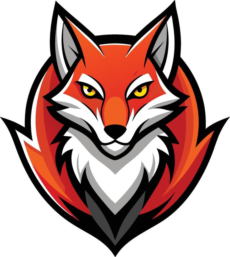 Fox logo, stylized, fierce expression, orange and red color scheme, pointy ears, yellow eyes, white fur accents, sleek design, sharp angles, bold outlines, mascot style vector
