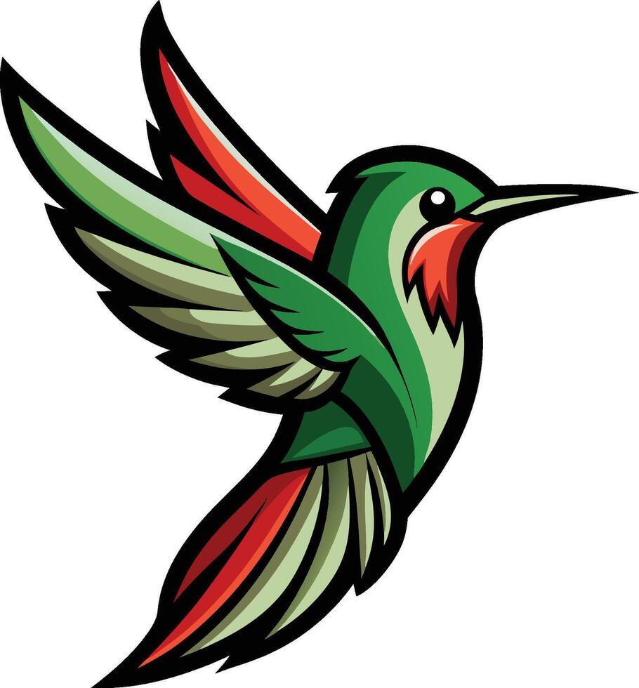 Stylized hummingbird logo, vibrant green and red feathers, geometric shapes, sleek lines, dynamic flight pose, minimalist design, art, sharp contrasts vector