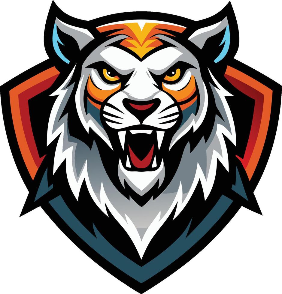 Tiger mascot logo, fierce expression, stylized graphic design, vibrant colors, orange and teal accents, sharp fangs vector