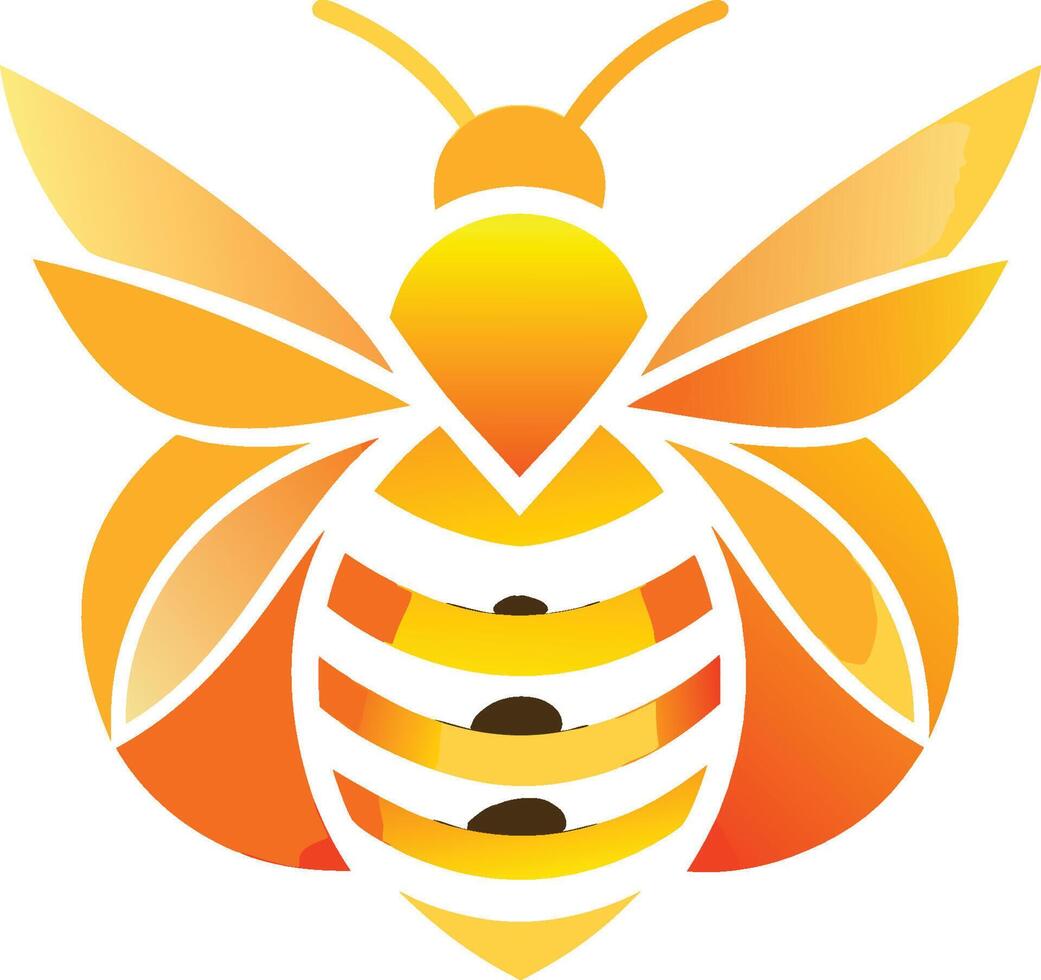 Stylized bee logo, geometric shapes, vibrant orange and yellow gradient, minimalist design, symmetrical wings, abstract insect illustration, clean lines, honeybee icon vector