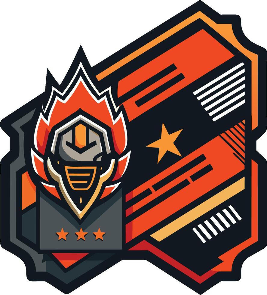 Futuristic robotic logo, stylized flame head, geometric shapes, orange and black color scheme, esports team emblem, sleek design, angular patterns, star embellishments vector
