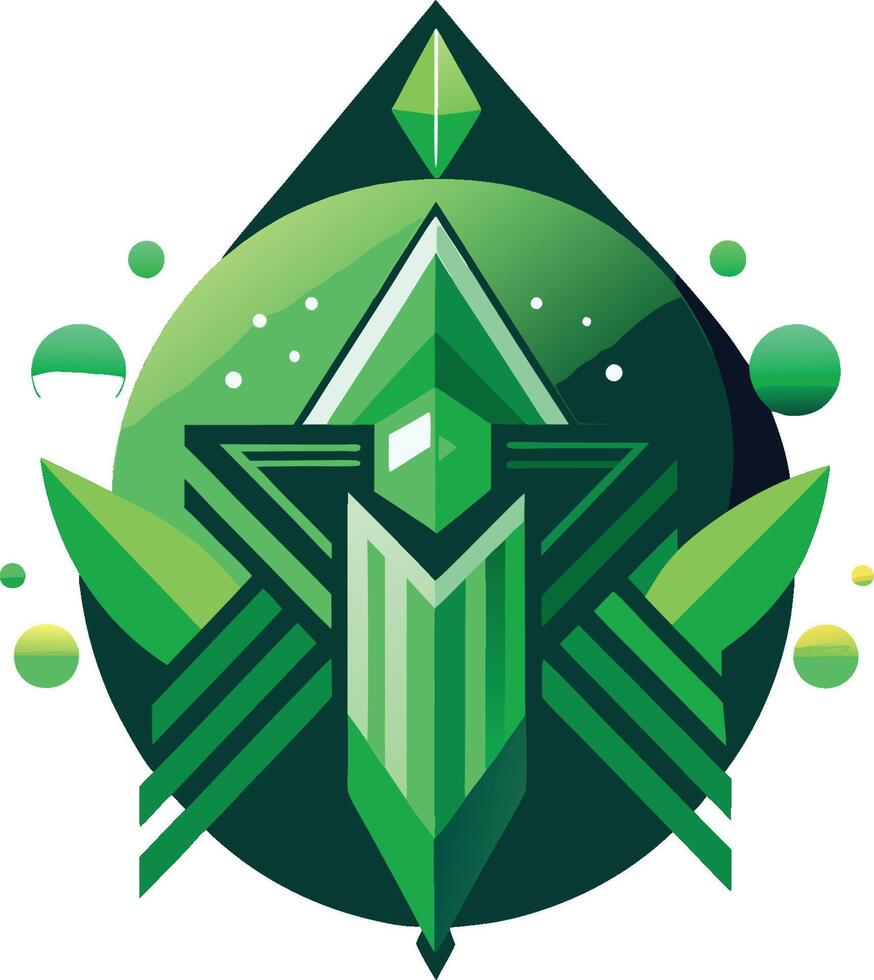 Geometric logo design, green and white color scheme, diamond shape, teardrop background, abstract leaf motif, symmetrical composition, futuristic emblem vector