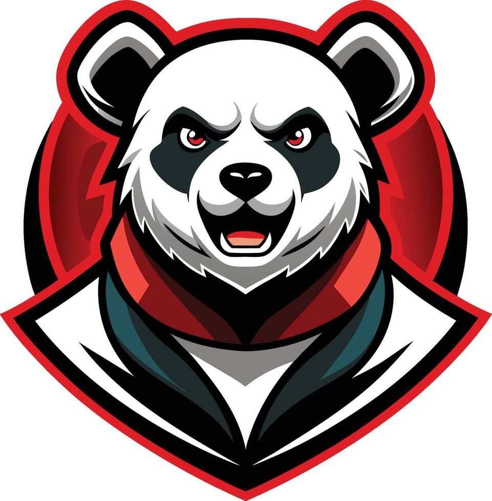 Fierce panda mascot, esports logo, stylized animal illustration, angry expression, red and black color scheme, graphics, bold outlines, geometric shapes, aggressive pose vector