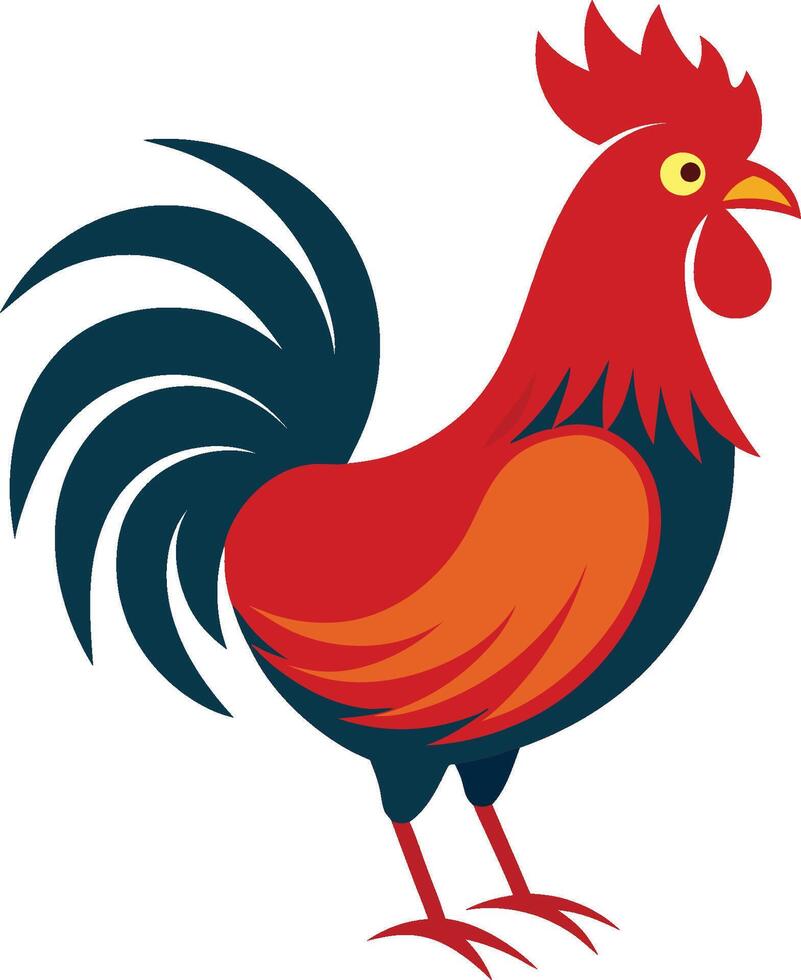 Stylized rooster illustration, vibrant red and orange body, dark teal tail feathers, yellow eye, red comb, simplified geometric shapes, flat color design, bold contrasting colors vector