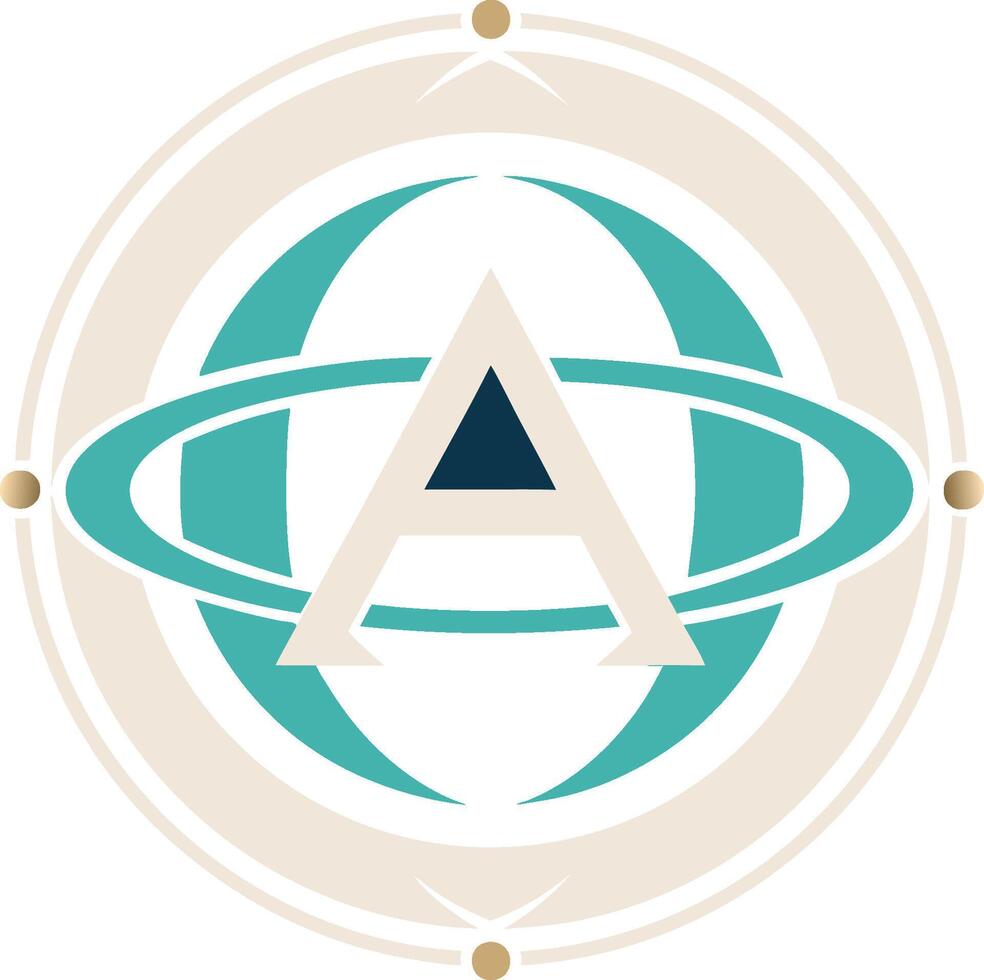 Logo design, letter A, geometric shapes, teal and beige color scheme, circular emblem, minimalist, abstract, planetary orbits, triangle accent, symmetrical composition vector