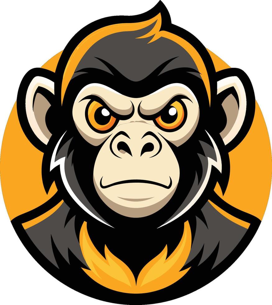 Stylized cartoon monkey mascot, fierce expression, orange and black color scheme, large ears, circular logo design, determined eyes, vectorized illustration vector
