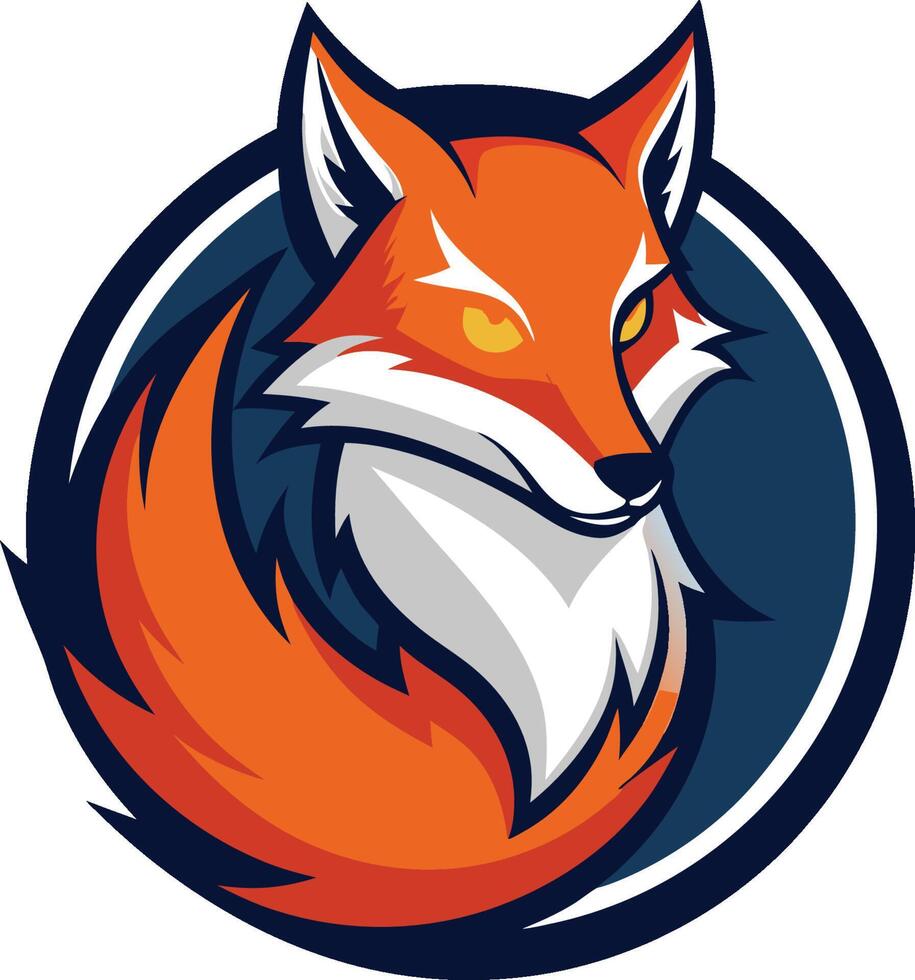 Fox logo, stylized, graphic design, vibrant orange and white fur, sharp angular features, circular emblem, navy blue background, yellow eye, sleek profile view vector