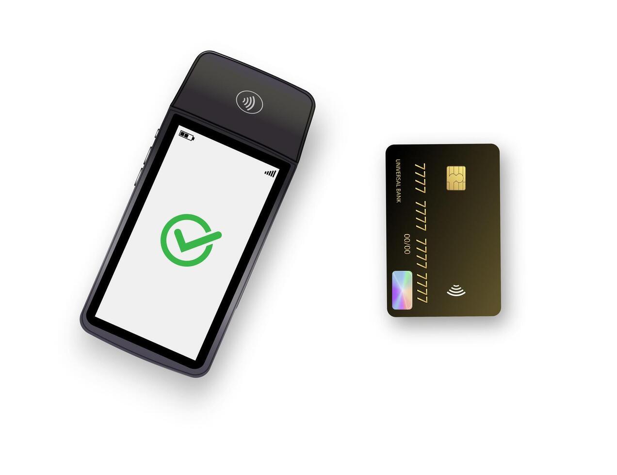 3D Realistic NFC Payment Terminal. Credit Card. Payment Machine. Template for Bank Payment Contactless Terminal. POS Terminal. vector