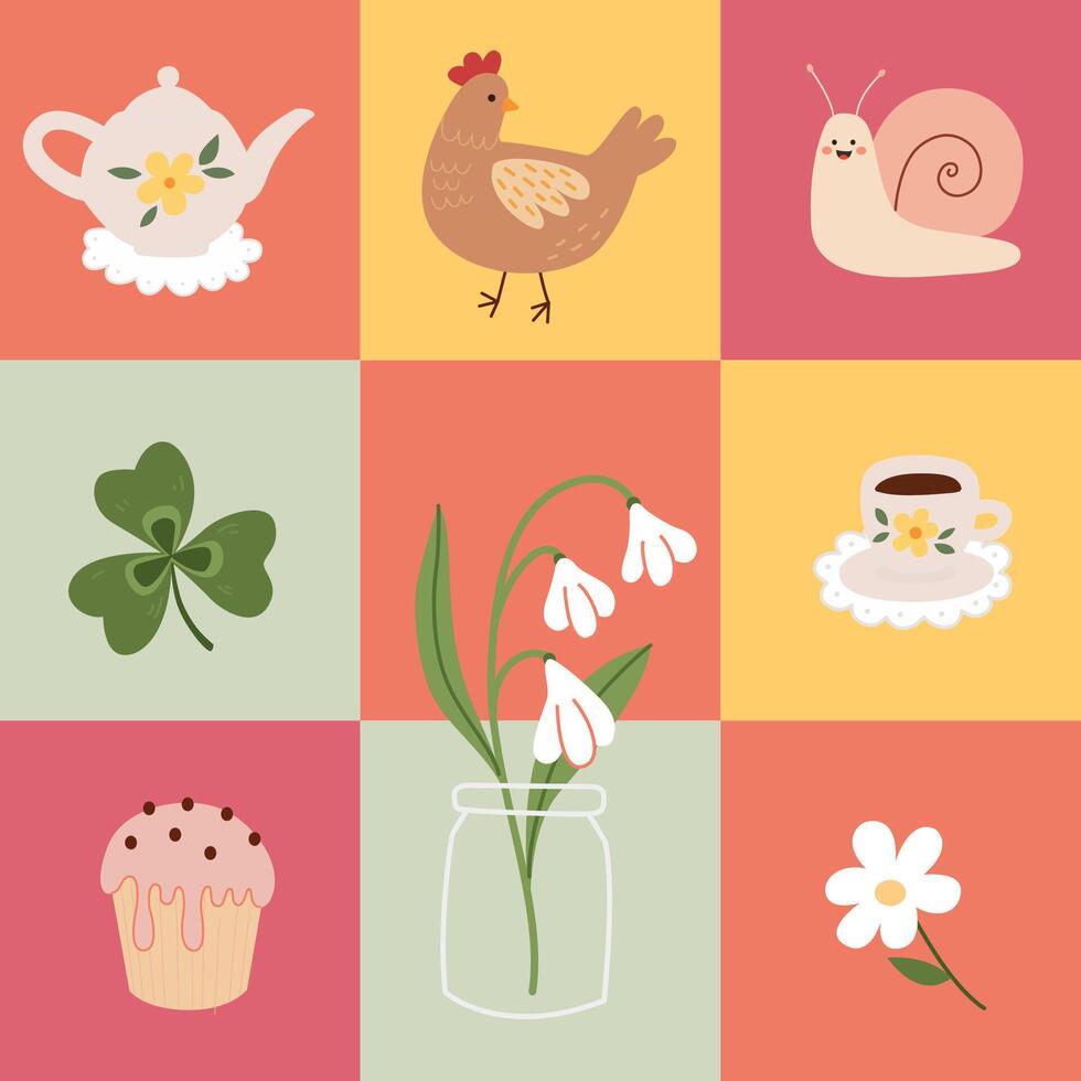 Geometric checkered pattern with cute spring and garden elements. Groovy seamless pattern. vector