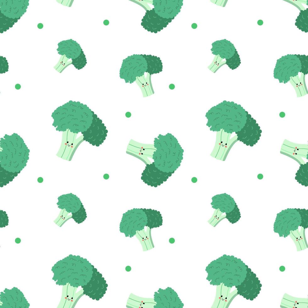 Seamless pattern with cute cartoon broccoli character. illustration in flat style. Cute cartoon vegetables character. Eco veggies. vector