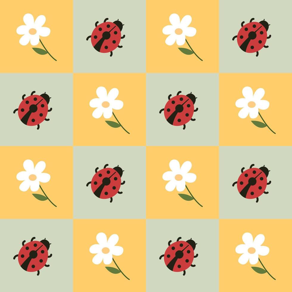 Checkered seamless pattern with flower and lady bug. Cute spring pattern for textile, card, and other designs. vector