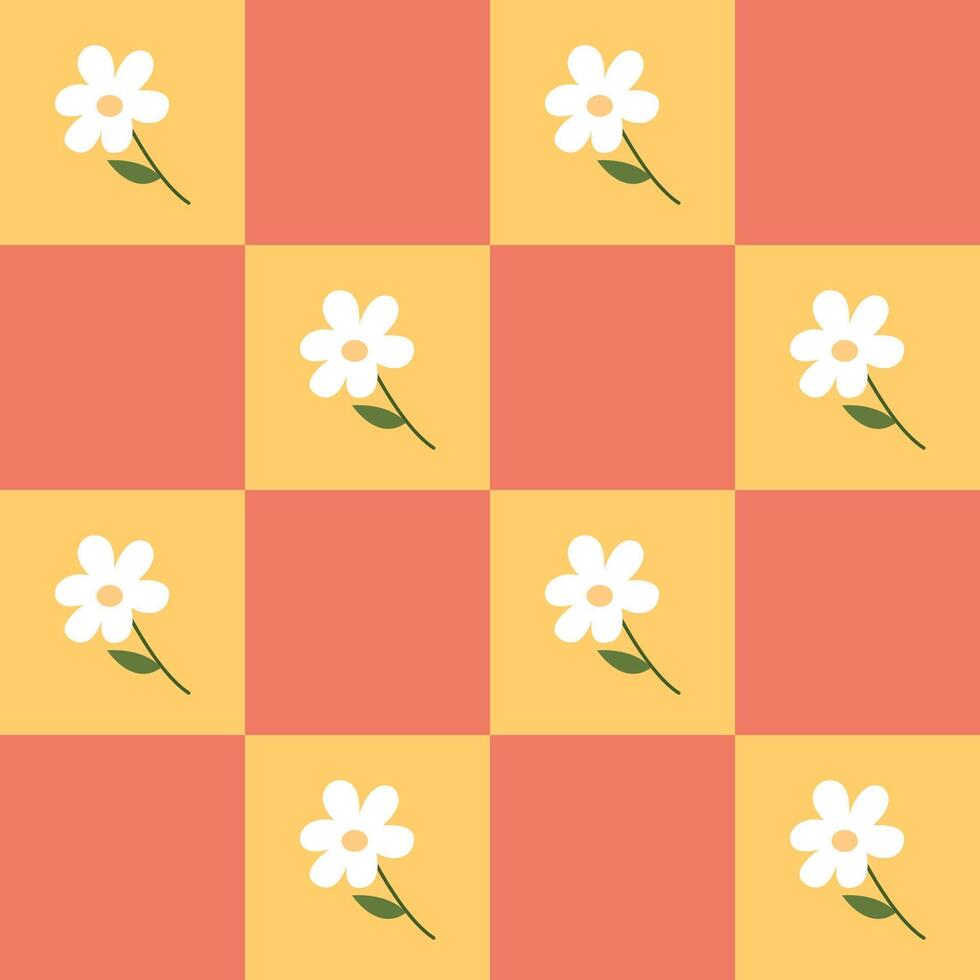 Groovy trendy checkered seamless pattern with cute flowers. Cute colorful retro pattern in 80s. vector