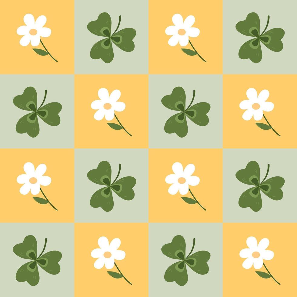 Groovy checkered seamless pattern with cute flower and clover leaf. Hand drawn illustration in retro style. vector
