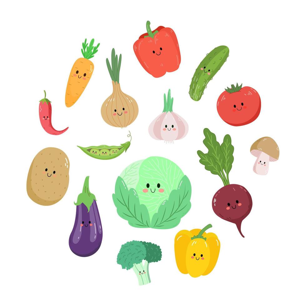Pretty collection of cartoon vegetable characters isolated on white background. Funny illustration in hand-drawn style. vector