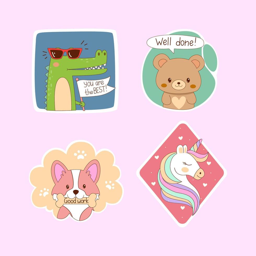 Well done, good job stickers for kids, reward, achievement for motivating, encouraging learning, studding, good behavior, homework. Appreciation labels for children with cute animals. vector