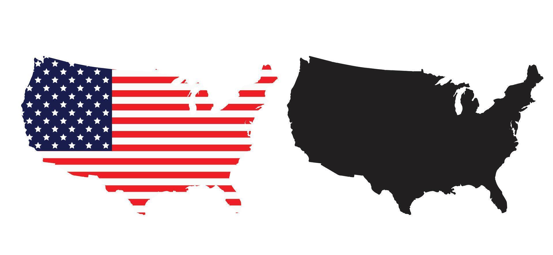 America map set. USA flag in map frame.Black silhouette map of United States of America. vector