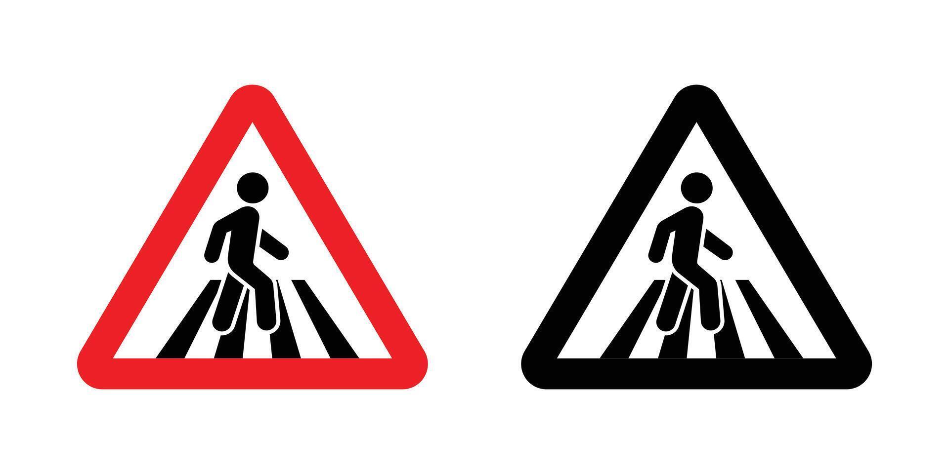 Pedestrian crossing road sign. Warning sign pedestrian crossing. Traffic sign pedestrian crossing. Red and black triangle sign with silhouette man walking along crosswalk inside. Road sign. vector