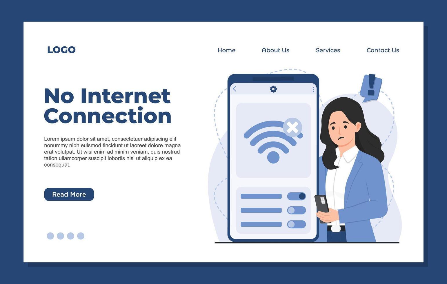 Illustration of no connection concept on a landing page template, depicting lost internet and server downtime. vector