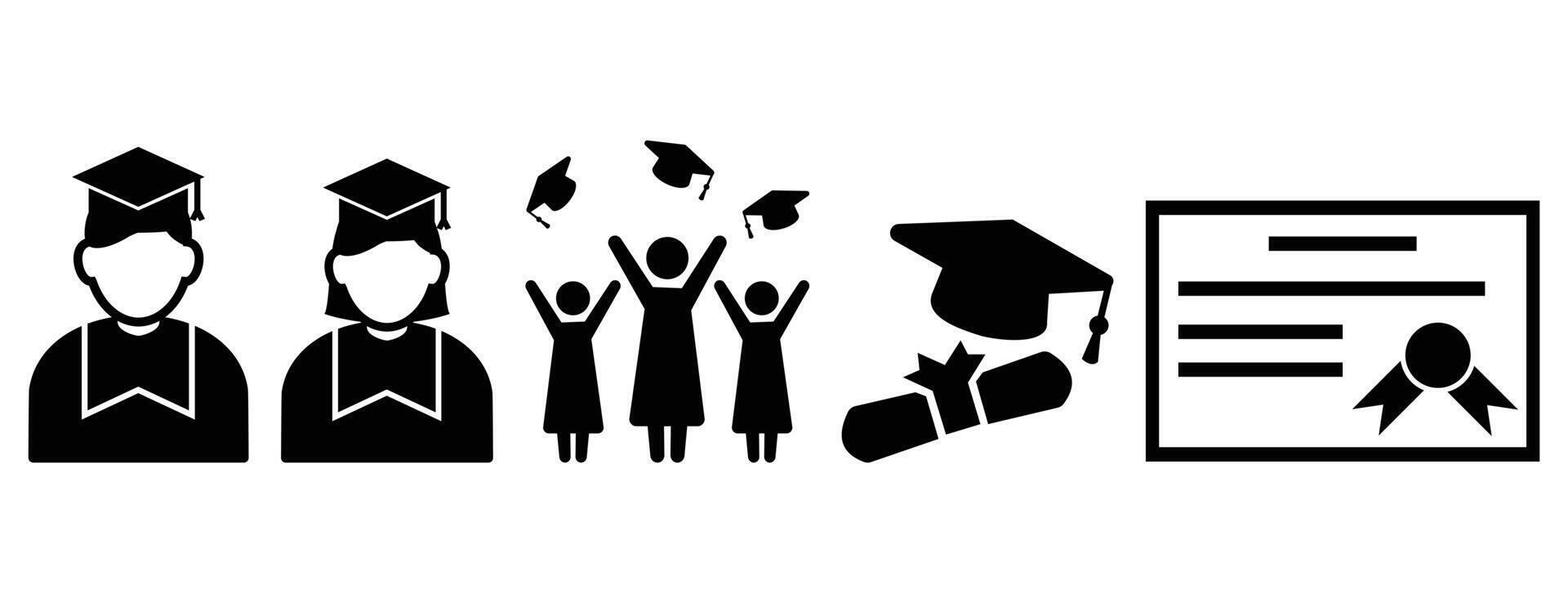 Convocation Icon Set. Graduation Icon Set. Diploma Symbol set. Student Convocation Silhouette Boys and Girls icon. vector