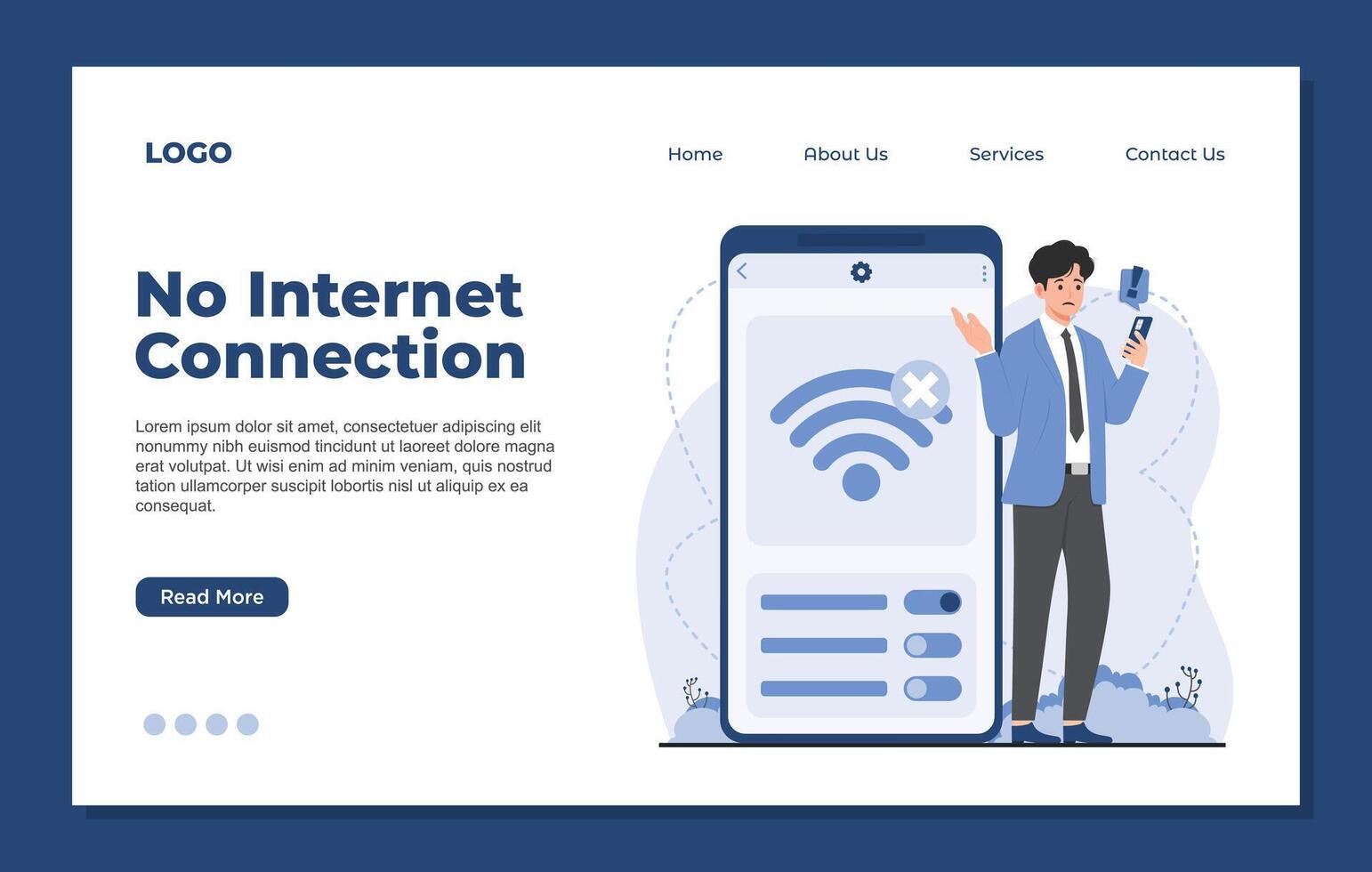 Landing page template representing no connection issues, including WiFi errors, slow internet, and network instability. vector