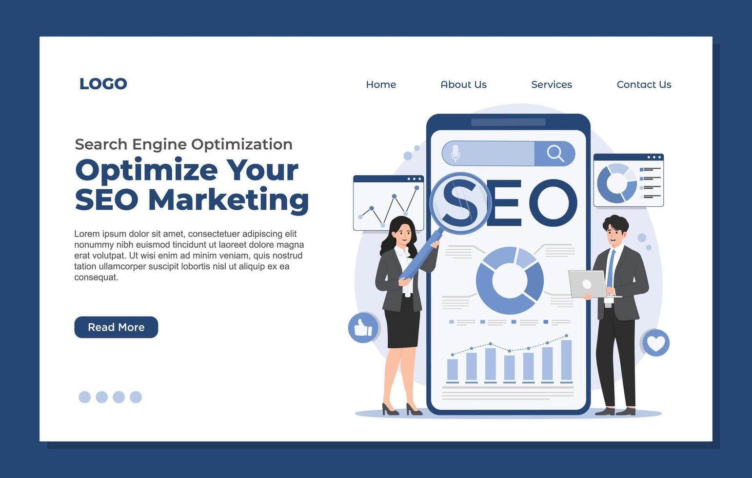 Landing page template of Optimize Your SEO Search Engine Optimization. Flat illustration vector