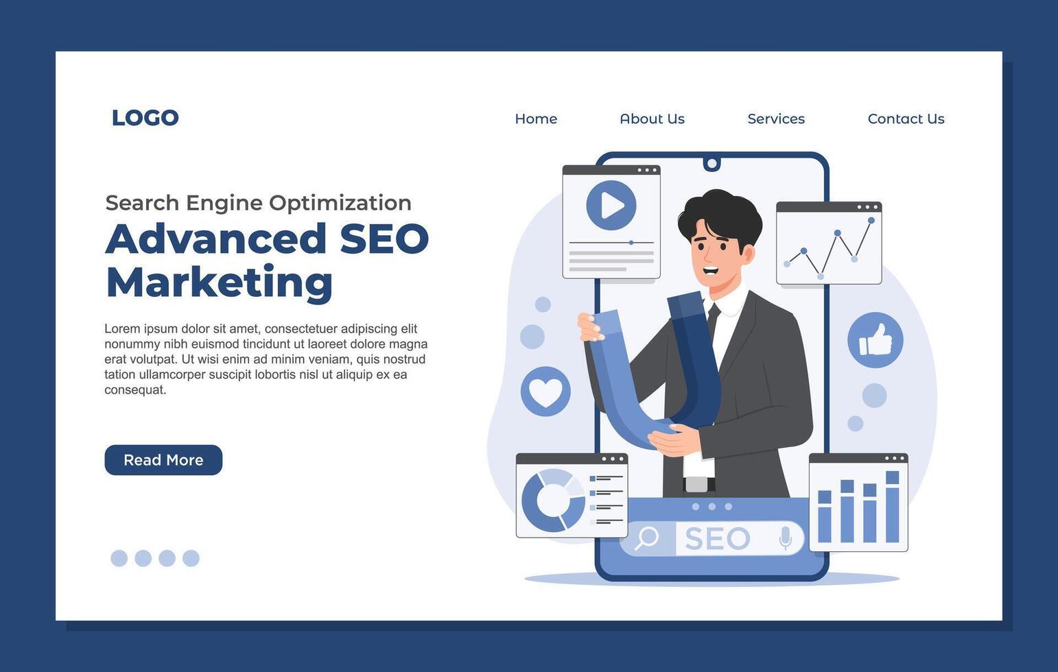 Landing page template SEO marketing concept optimizing search engine Search Engine Optimization strategies for business growth vector