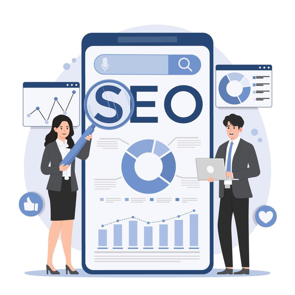 Search engine optimization concept. illustration in flat cartoon style. Man and woman search engine optimization. vector