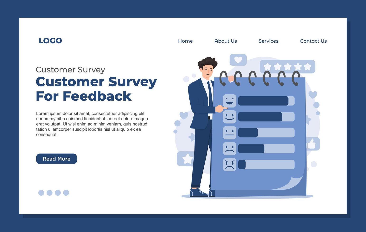 Customer survey landing page template featuring interactive forms and analytics visualization landing page vector
