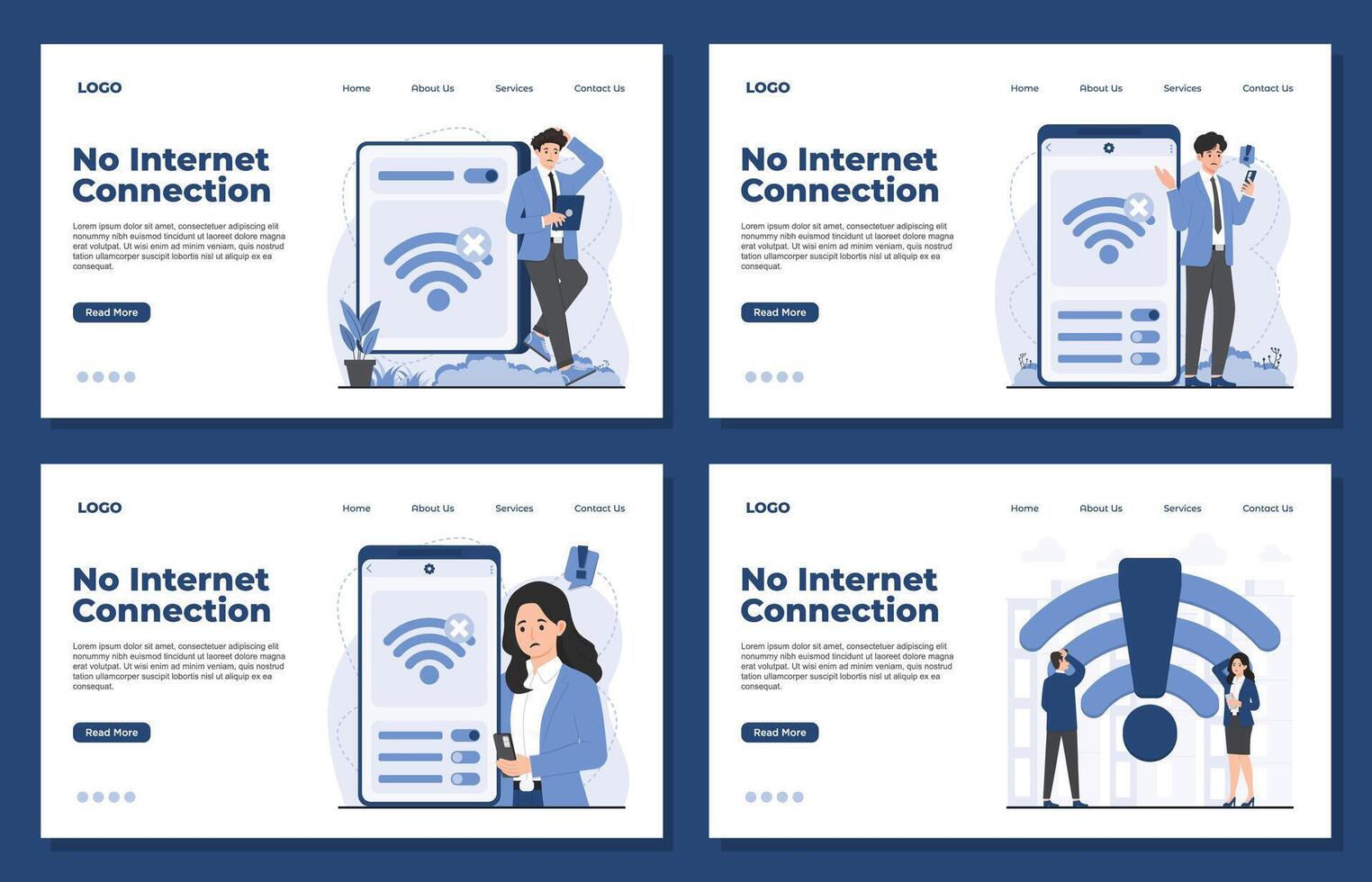 Landing page template No Connection concept with weak signal, internet error, and network failure offline mode illustration vector