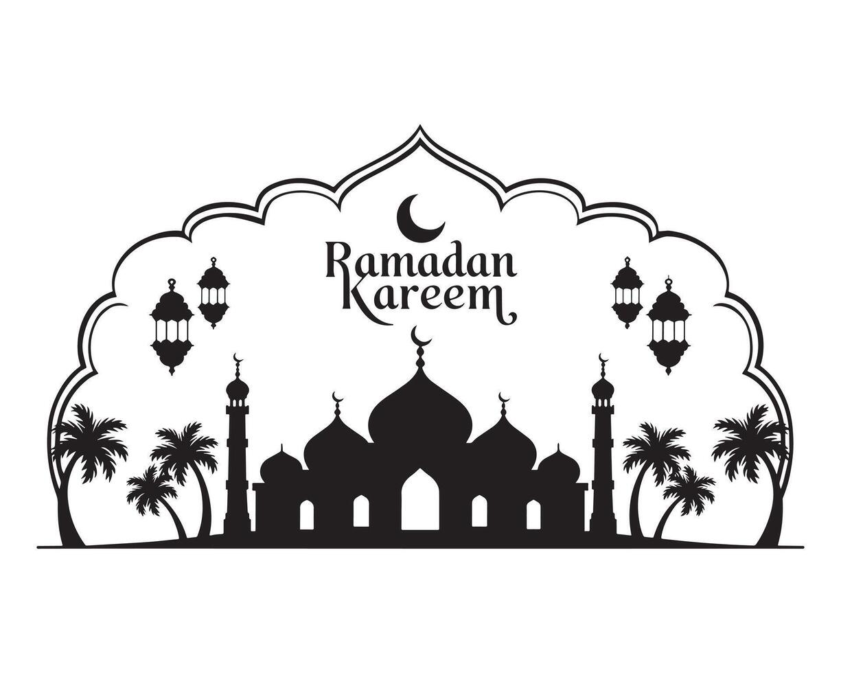 Silhouette of a mosque and Ramadan Kareem greeting. vector