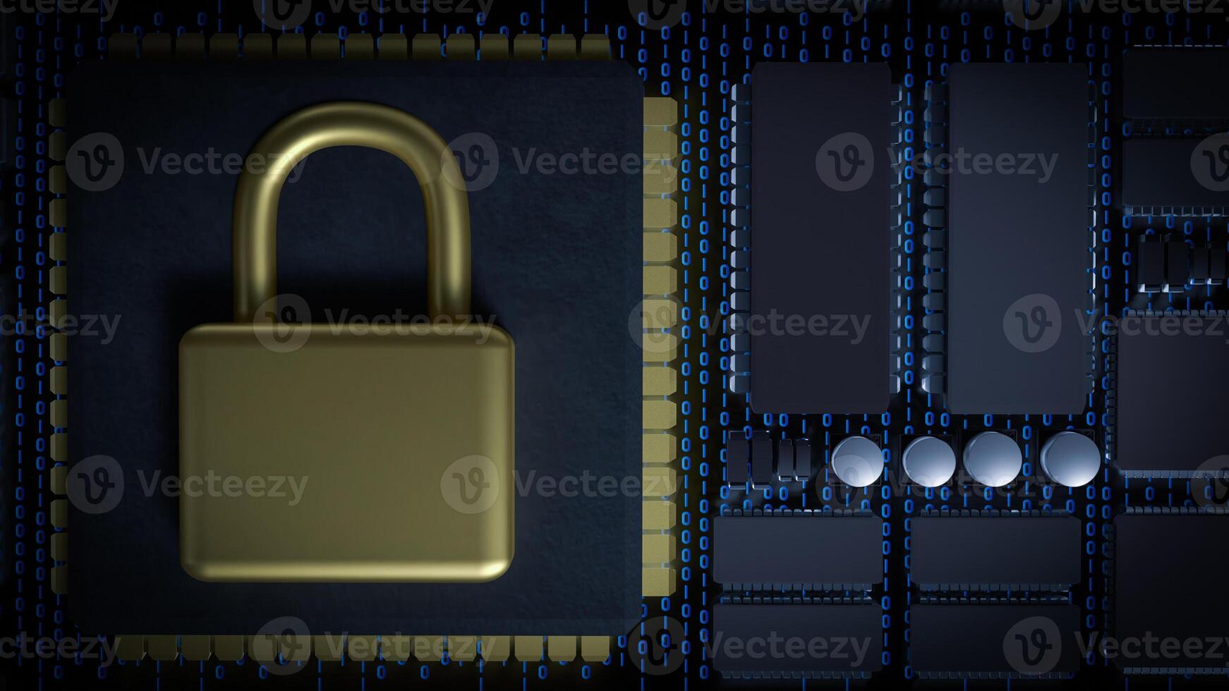 Gold Lock on Chip for Technology or Security concept 3d Rendering. photo