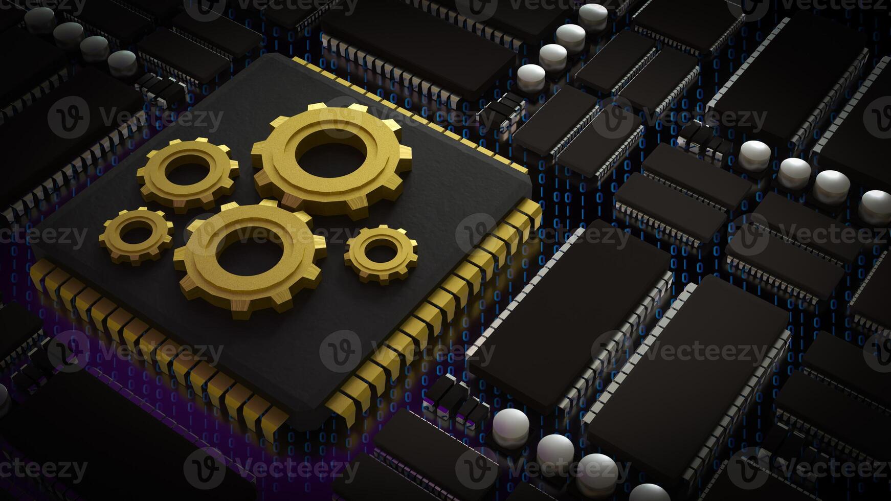 The Gold Gear on Chip for Technology or IT concept 3d Rendering. photo